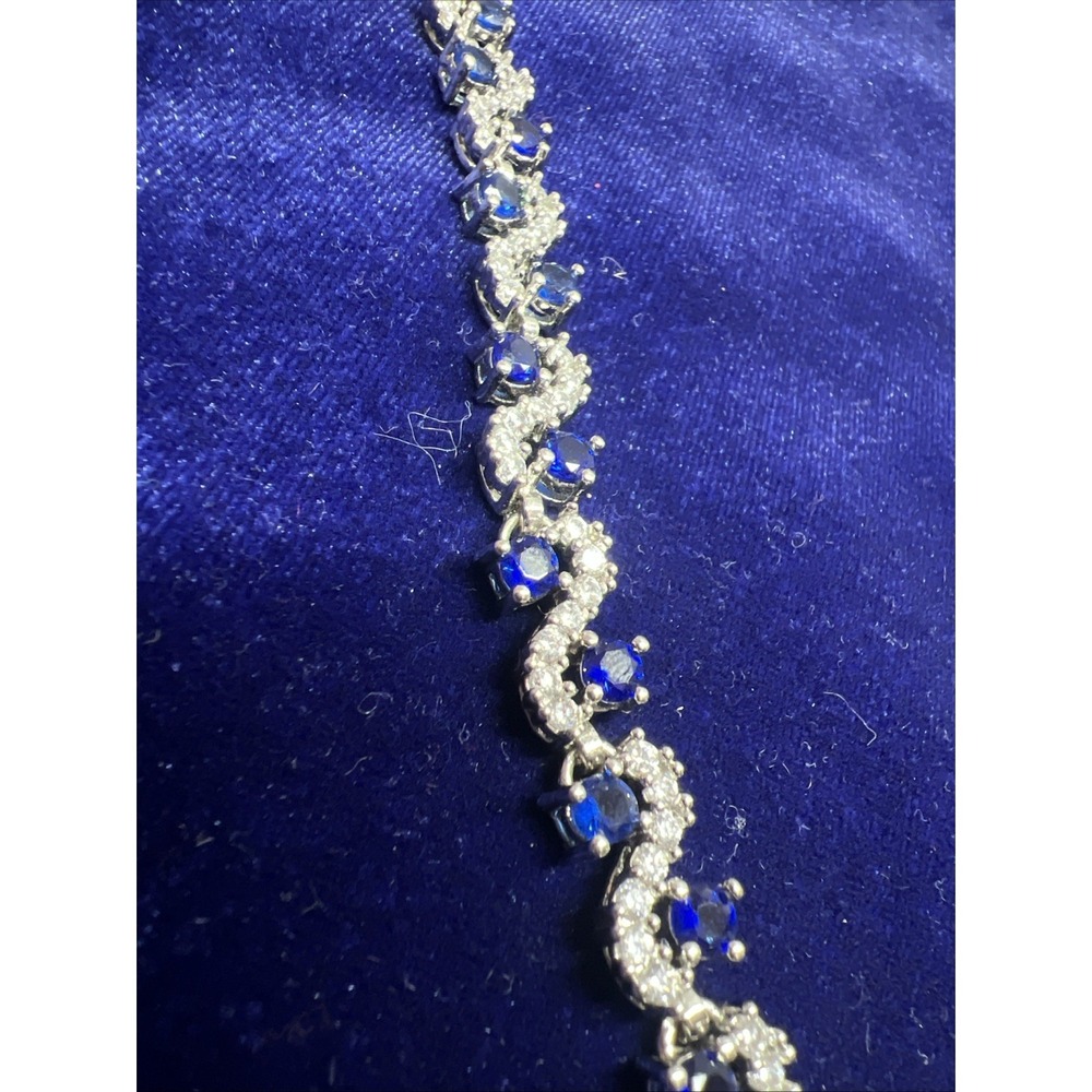 Tennis‎ Bracelet Blue Clear Crystal Cubic Zirconia Silver Tone 6.5" - Picture 6 of 12